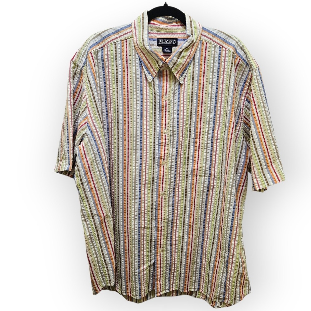 Lands End Mens XL Seersucker Button Down Shirt Multicolor Striped Short Sleeve